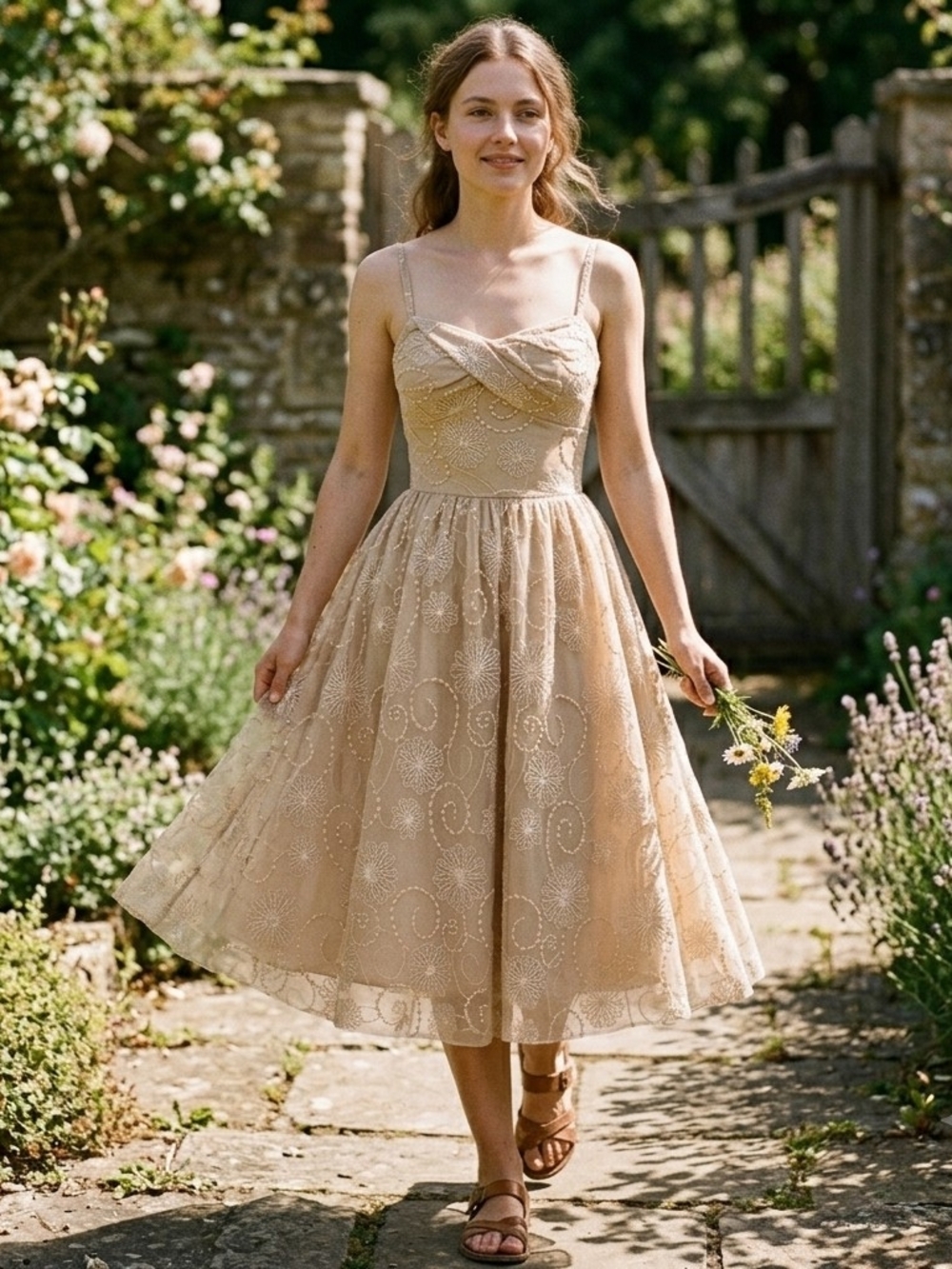 Beige Embroidered Midi Sundress with Spaghetti Straps